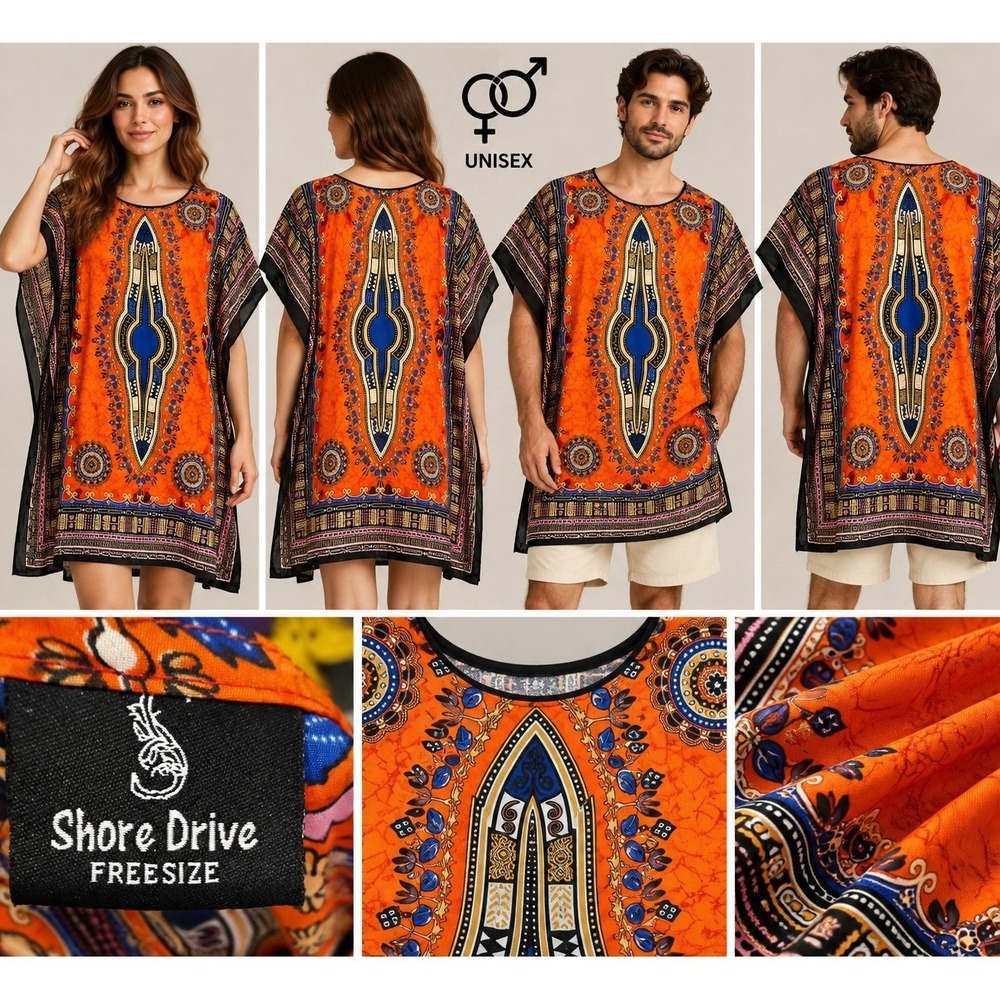 Shore Drive Dashiki Tunic Unisex Freesize Orange Excellent Boho Eclectic Batik